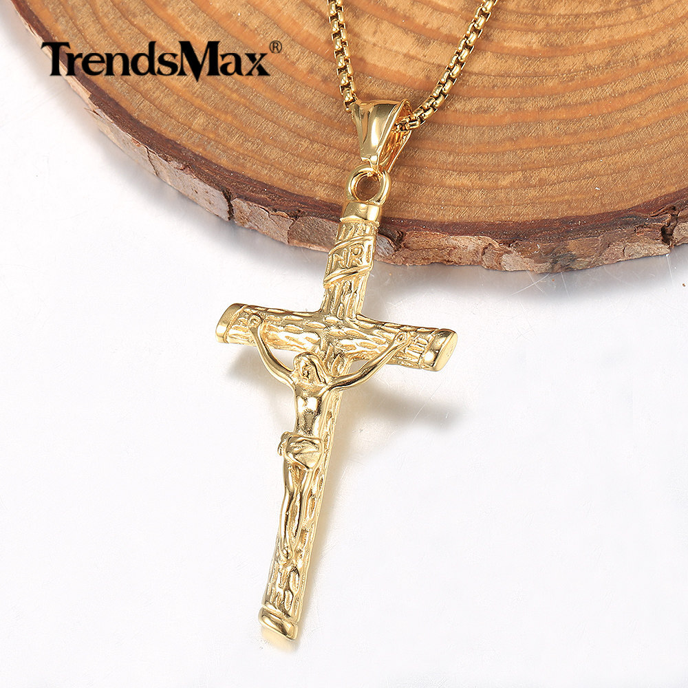 Men Gold Plated Jesus Christ Crucifix Cross Pendant Necklace 16″-30″ Box Chain