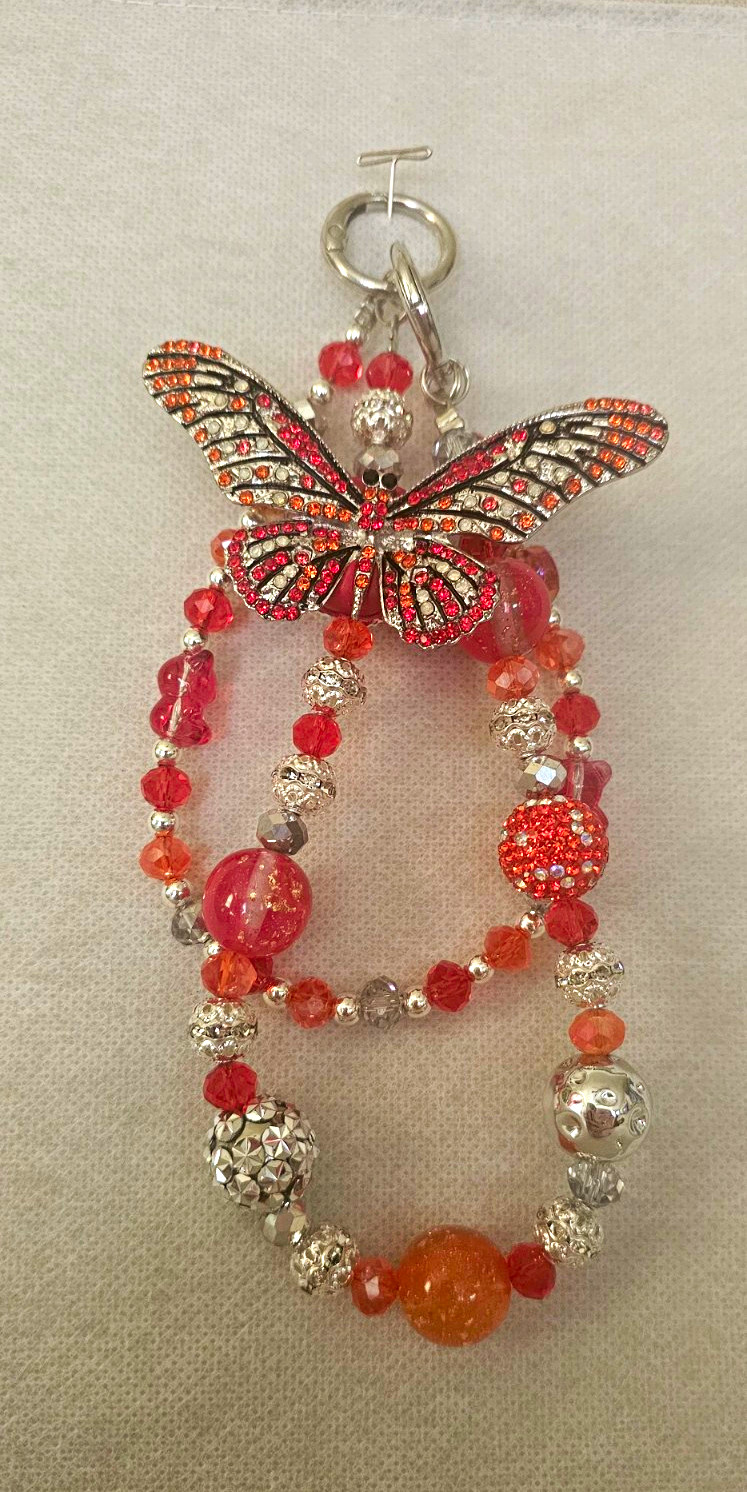 Orange Crystal Round Beaded Bag Charm Silver Tone Butterfly Dangle