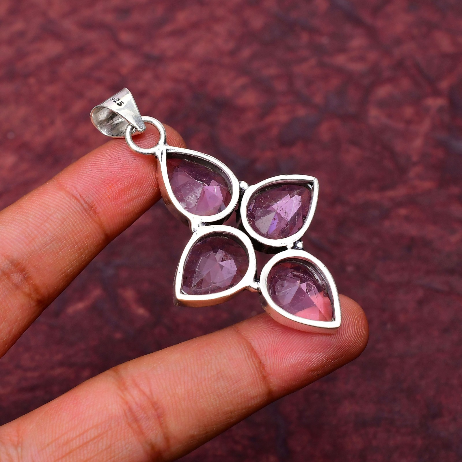 Pink Kunzite Gemstone 925 sterling silver Handmade Cross Pendant jewelry 2.28″