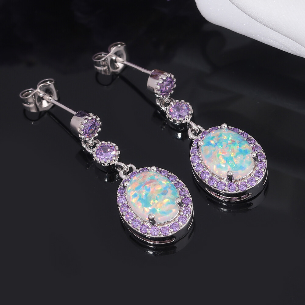 Gemstone Amethyst White Fire Opal Stud Silver Earrings 925 Silver Women Jewelry