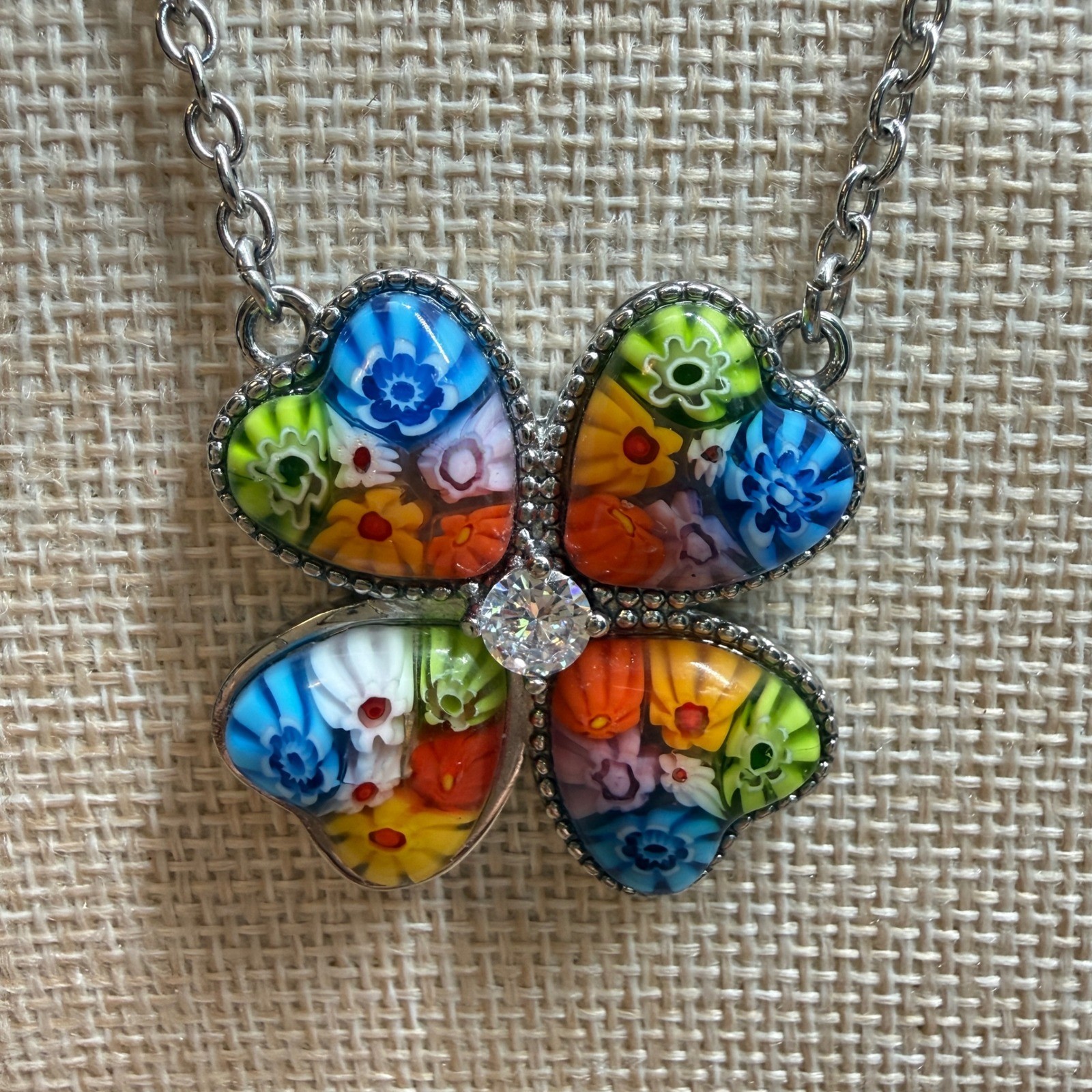 Millefiori Resin Flower Heart Clover Necklace Silver Tone Multi Color Crystal