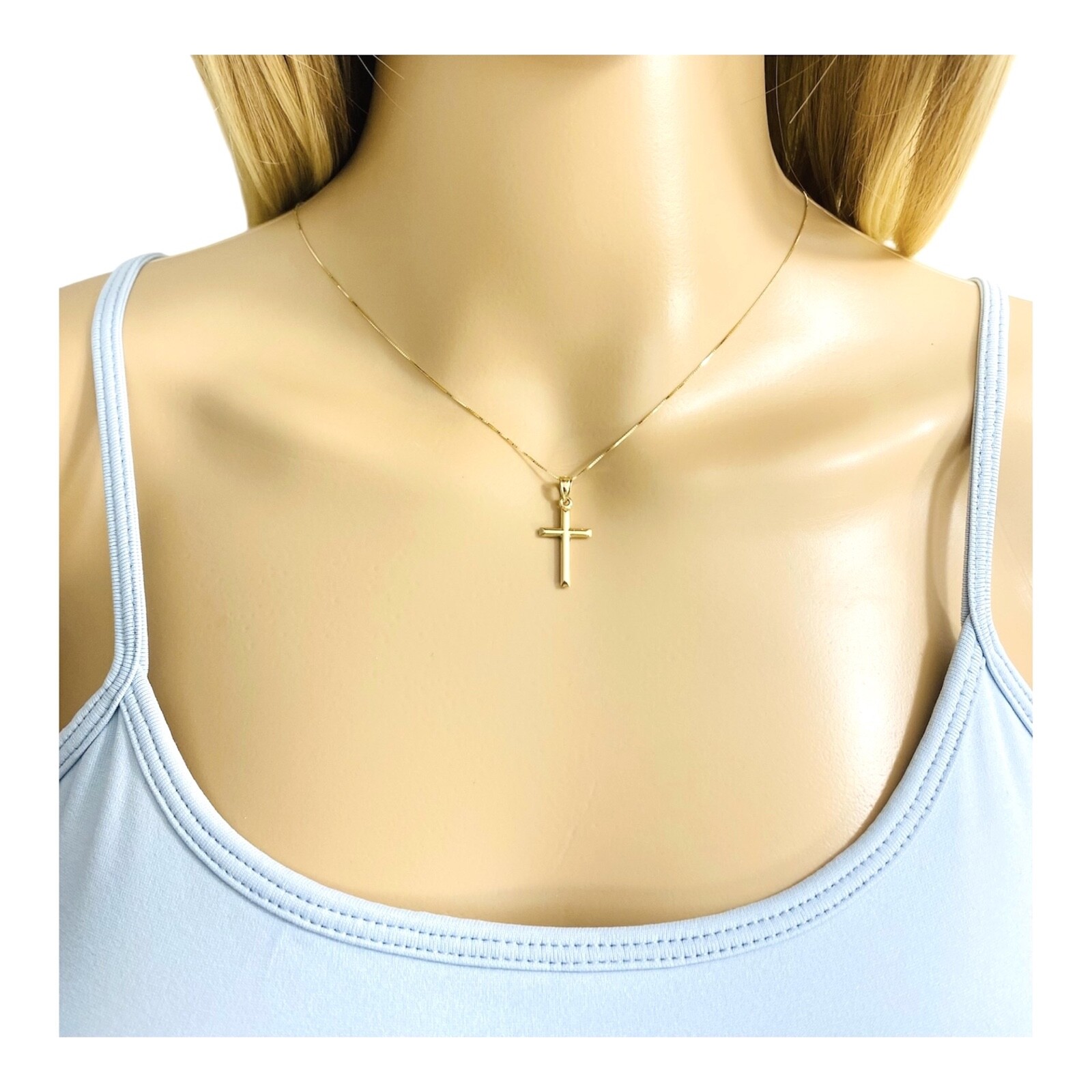 14K Solid Yellow Gold Cross Pendant Necklace-0.5mm Box Chain- Small Cross- C3623