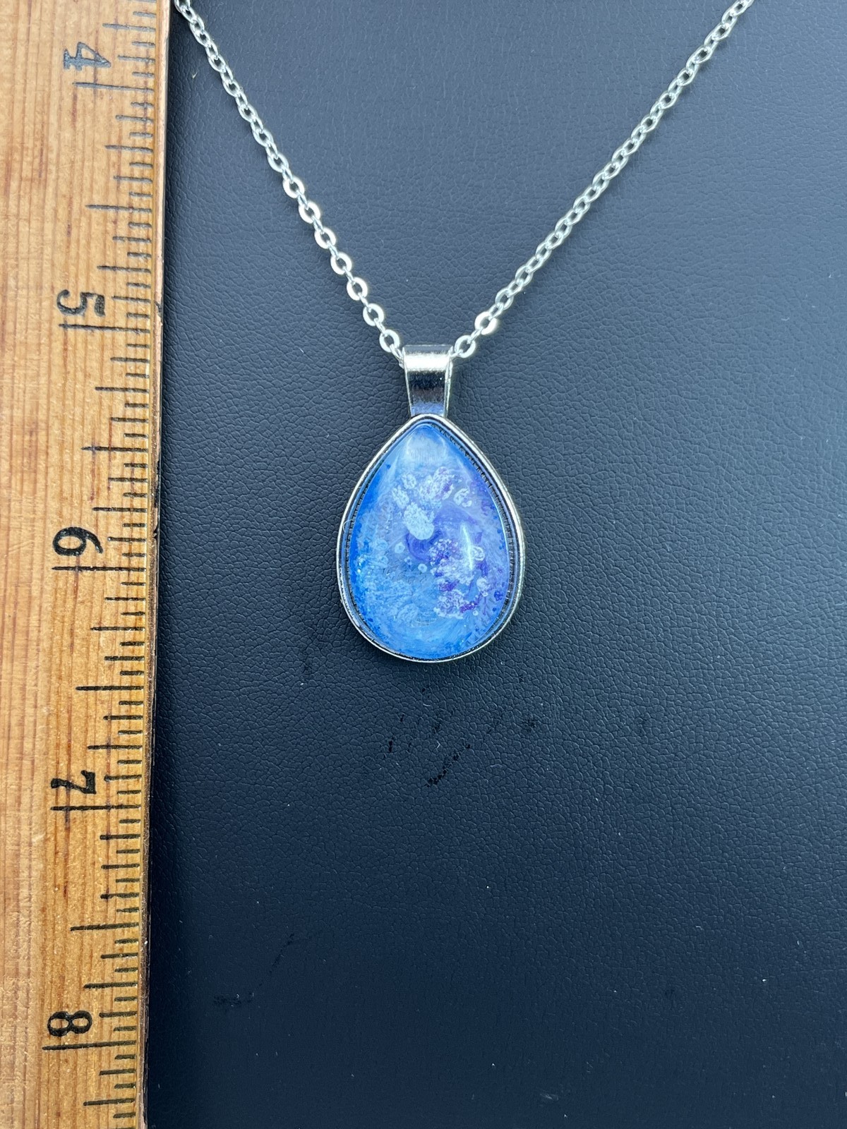 Custom sparkle, teal teardrop jewel pendant w/ silver plated chain costume