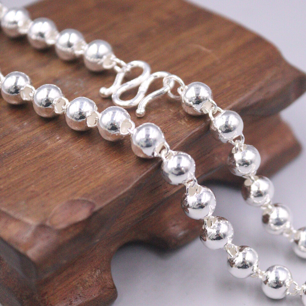 Real 999 Pure Silver Necklace Men Women 7mm Polish Beaded Link Chain 22inchL