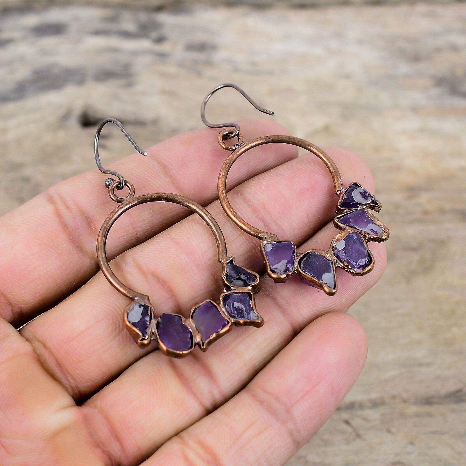 African Amethyst Rough Electroformed Earrings Handcrafted Copper Gift 2.36″
