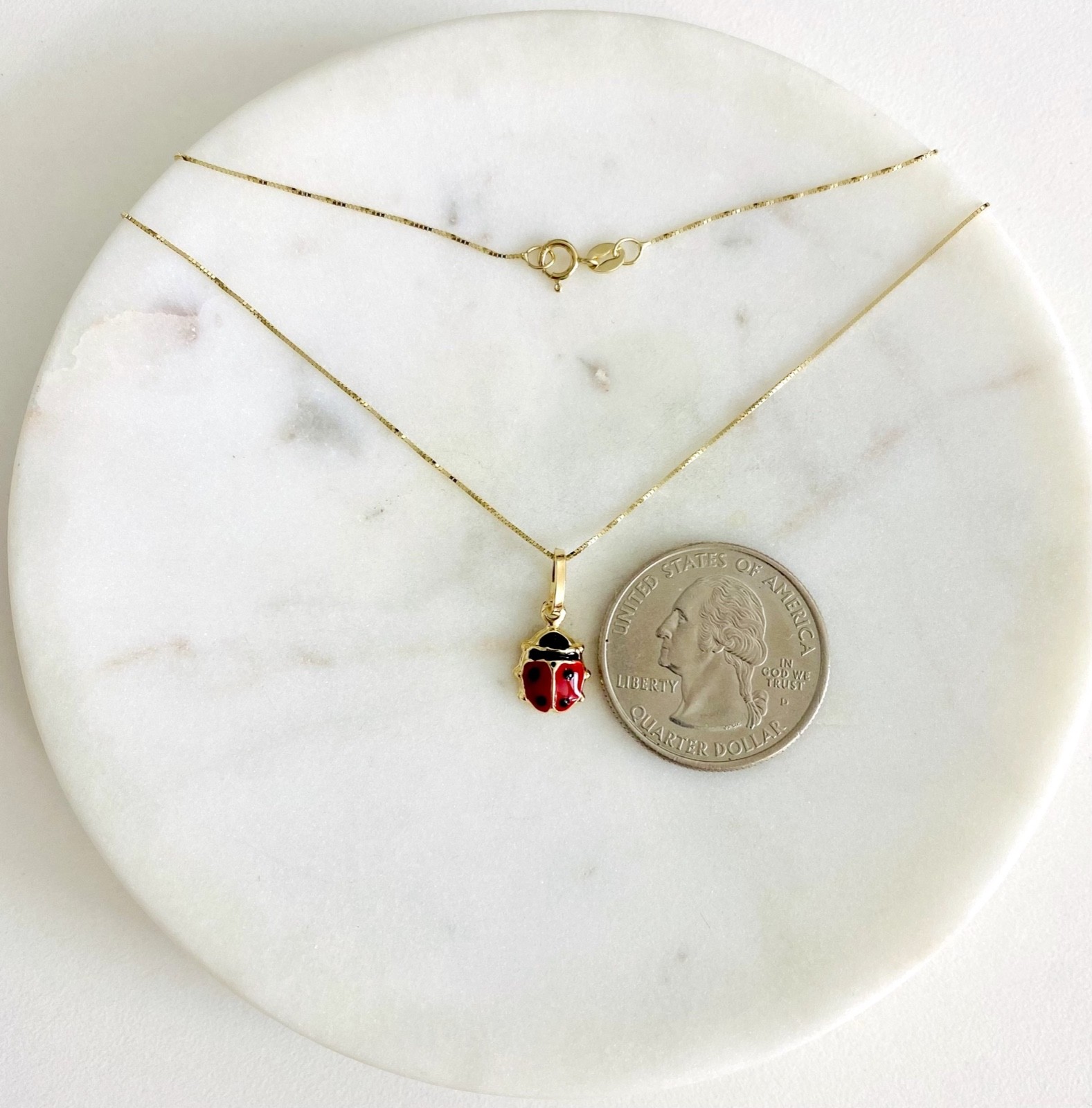 14K Solid Yellow Gold Ladybug Lucky Pendant Necklace – 0.5mm Box Chain- PT505