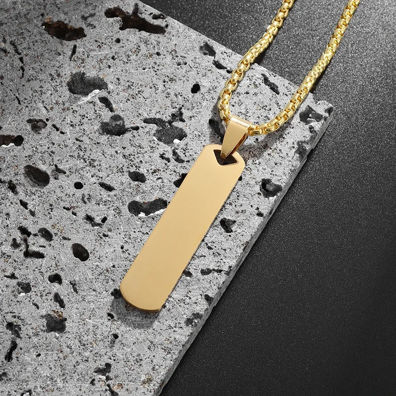 Stainless Steel Glossy Engravable Rectangular Pendant Necklace for Men Fashion S
