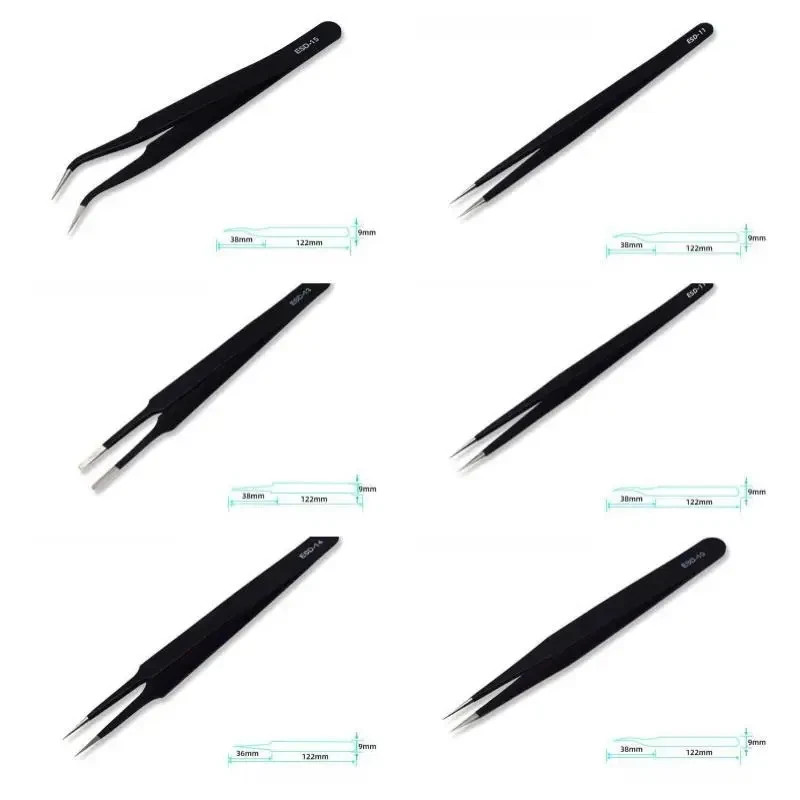6Pcs ESD Anti-static Tweezers Set Maintenance Repair Stainless Steel Tools Kit