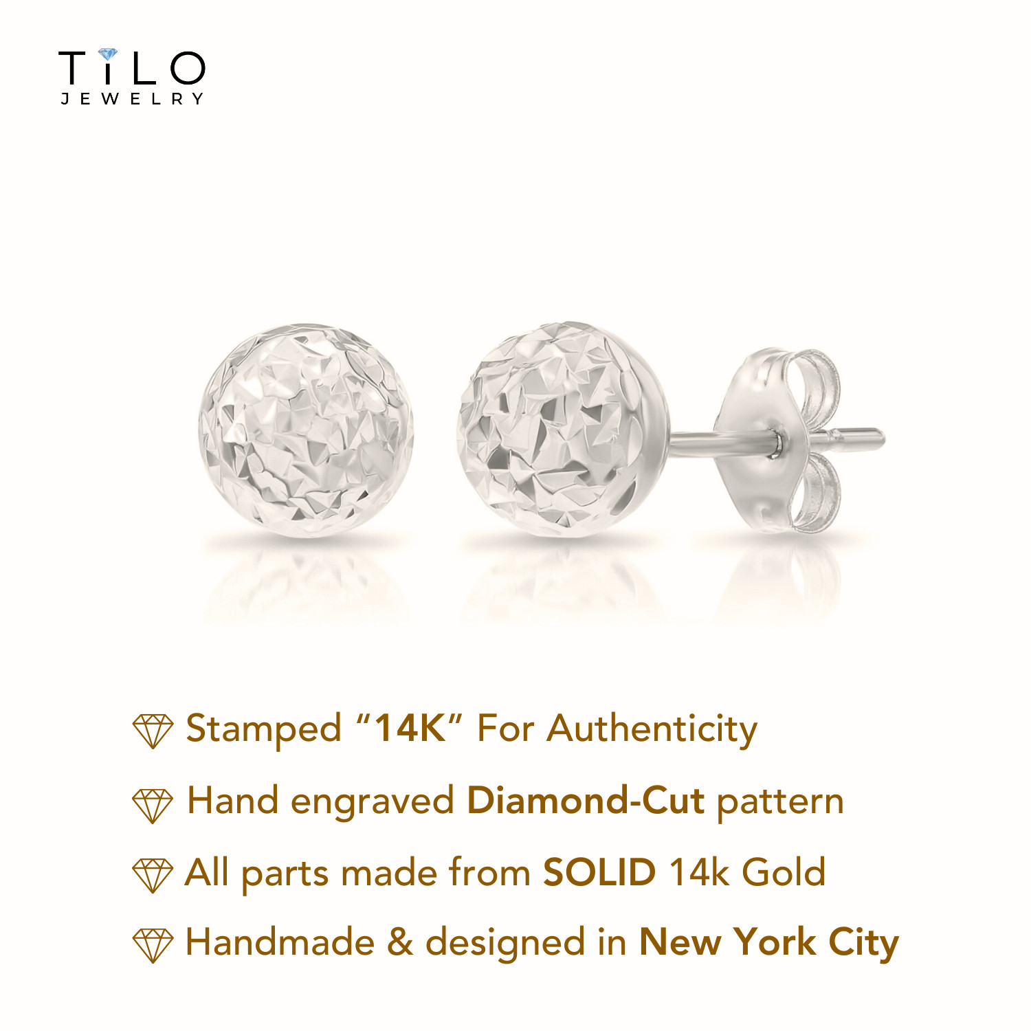 14K Real Solid White Gold Diamond-Cut Round Ball Stud Push-back Earrings
