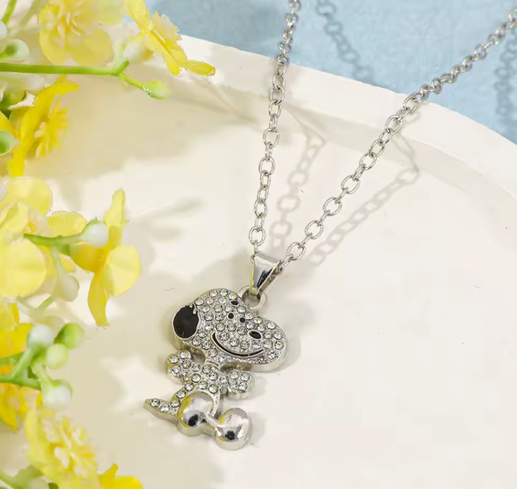 Silver Tone Clear Crystal Cartoon Dog Charm Pendant Necklace Cable Chain 60cm