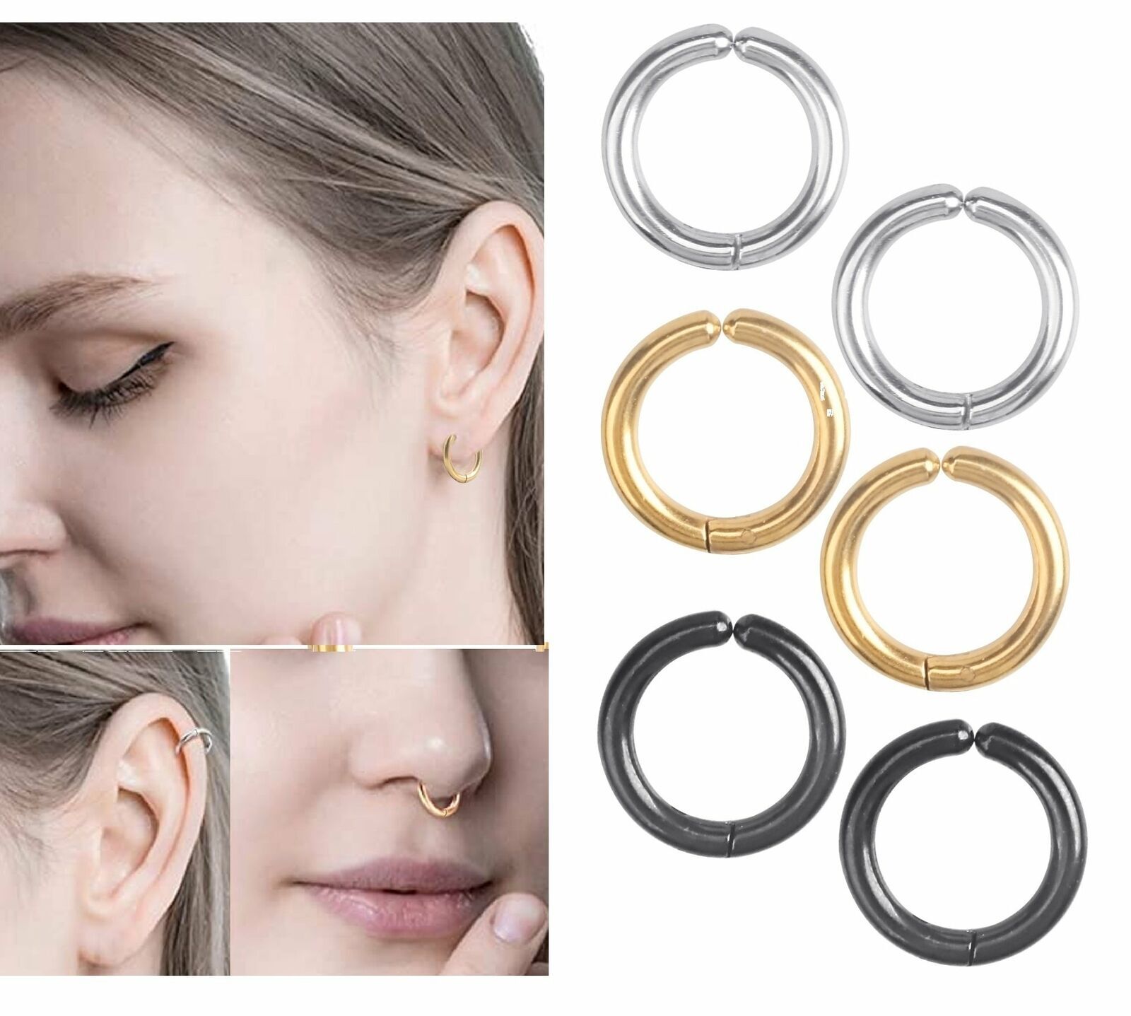 Men Women Stainless Steel Clip On Non-Piercing Fake Hoop Earrings Ear Nose