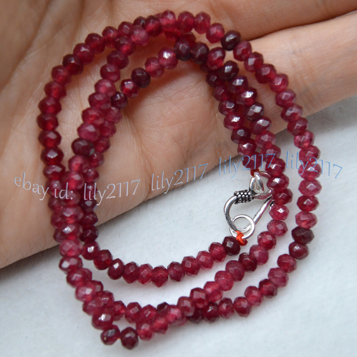 2x4mm Natural Red Garnet Faceted Gemstone Roundel Beads Necklace Silver Clasp