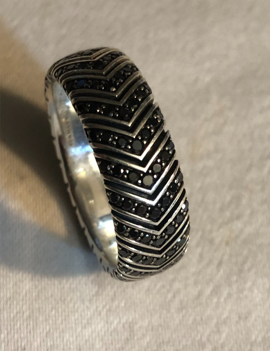 David Yurman Sterling Silver Men’s Chevron Black Diamond Band Ring 8mm – Size 10