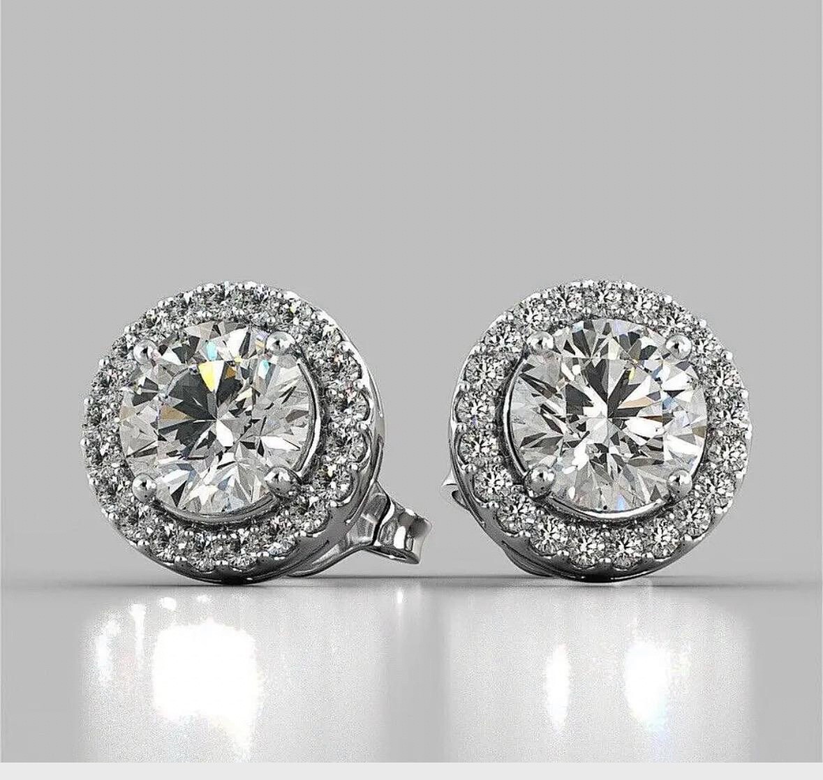 4 Ct Halo Round Cut FL/D Lab Created Stud Earrings 14k White Gold Push Back 8mm