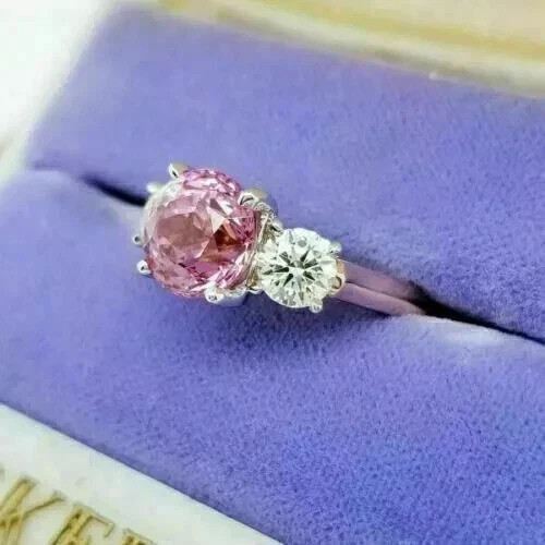 3.00 Ct Round Natural Pink Sapphire Diamond Wedding Ring 14K White Gold Size 7