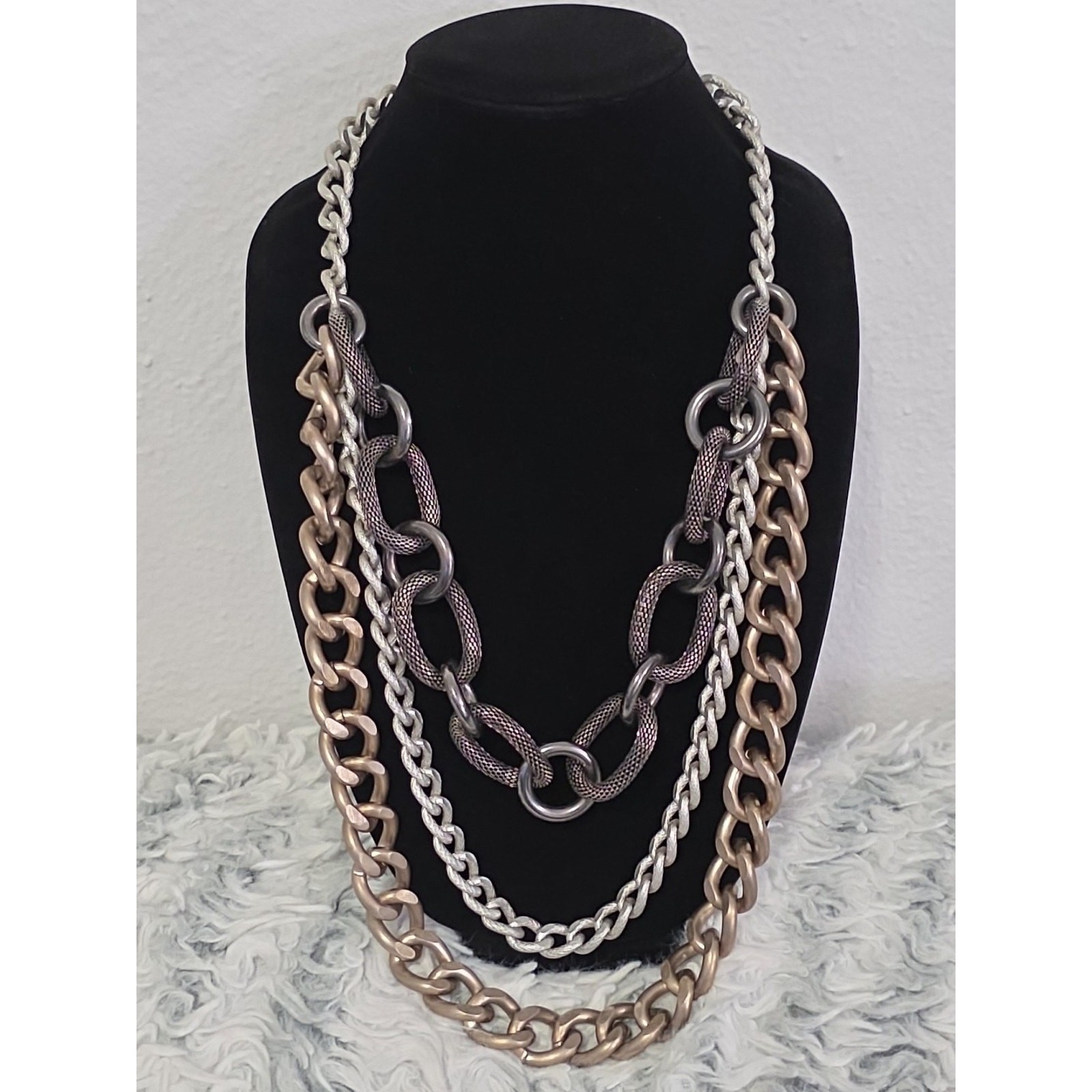 Chunky Large Long Statement Necklace Mixed Metals Layered Chains Textured Heavy