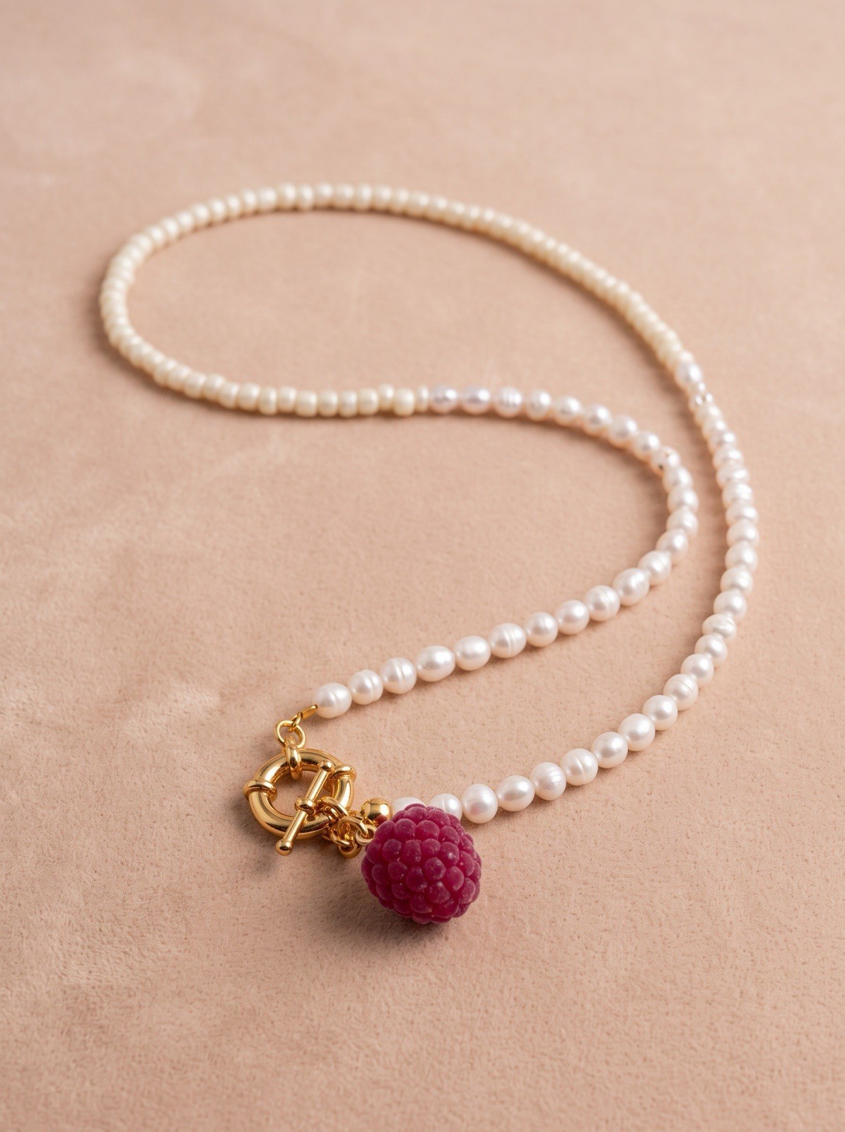 Asymmetrical Pearl & Beaded Necklace with Hand-Sculpted Raspberry Pendant