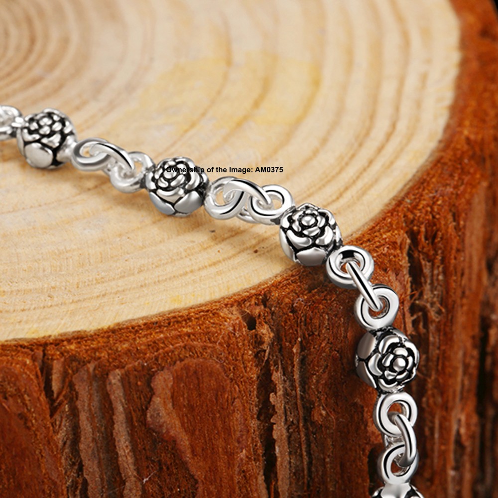Gift-Ready Pure 925 Sterling Silver ROLO Chain Bracelet with Rose Pattern Beads