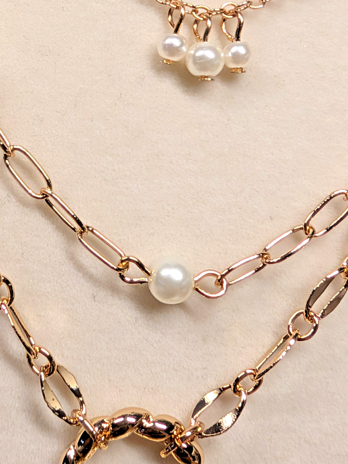 ON 34th 3 Strand Layered Gold Tone Faux Pearl Necklace 16″-19″ NWT Ret $39.50