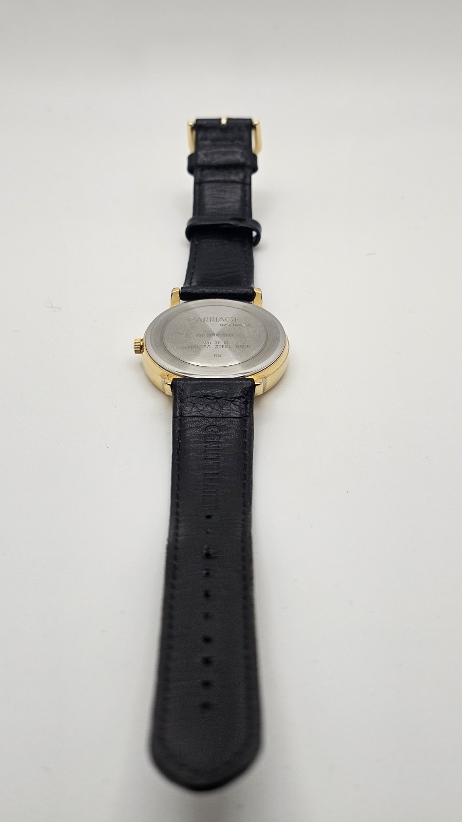 Carriage Day Date Gold Tone Case 35 MM Indiglo White Dial Black Leather Watch