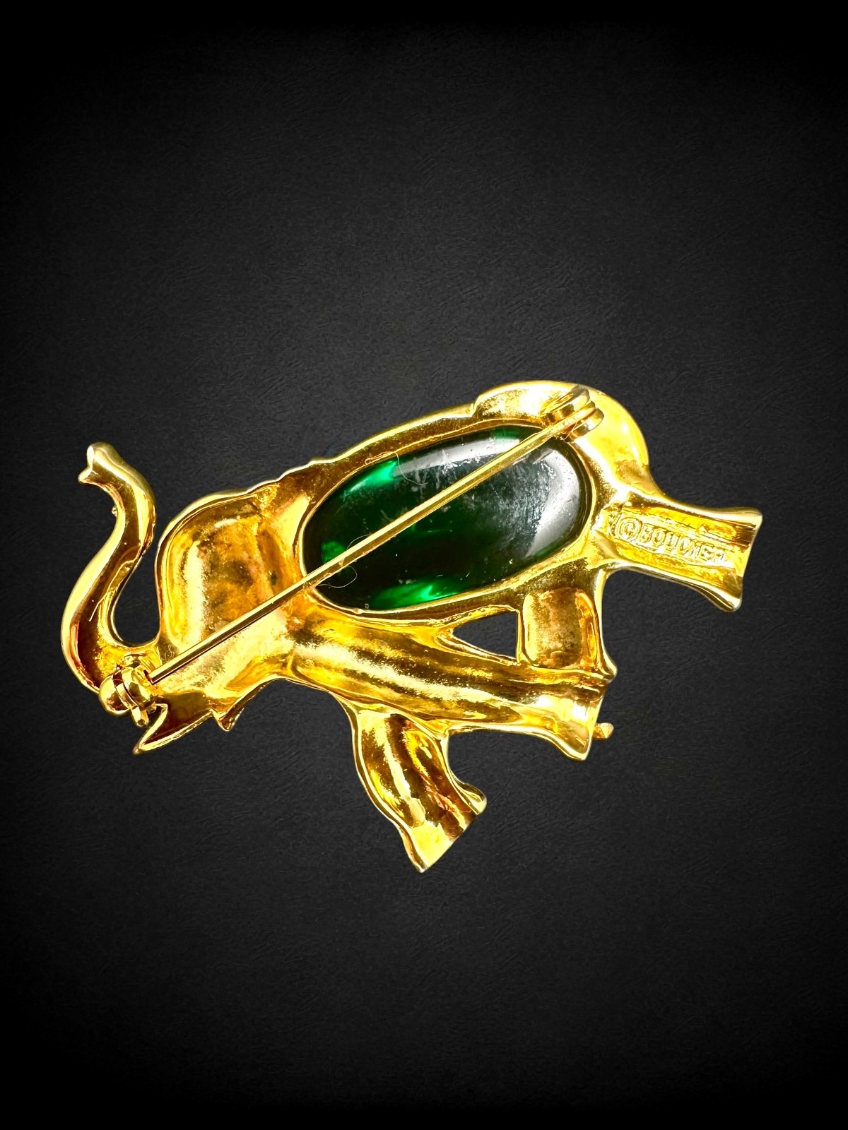Vintage Marcel Boucher Green Jelly Belly Elephant Brooch Goldtone Rhinestone Pin
