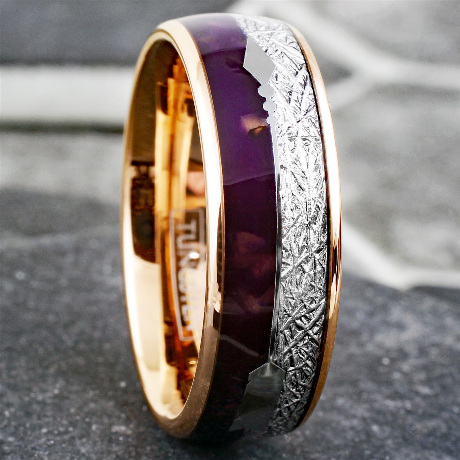 Rose Gold Plated Tungsten Men’s Ring Purple Lapis & Faux Meteorite Wedding Band