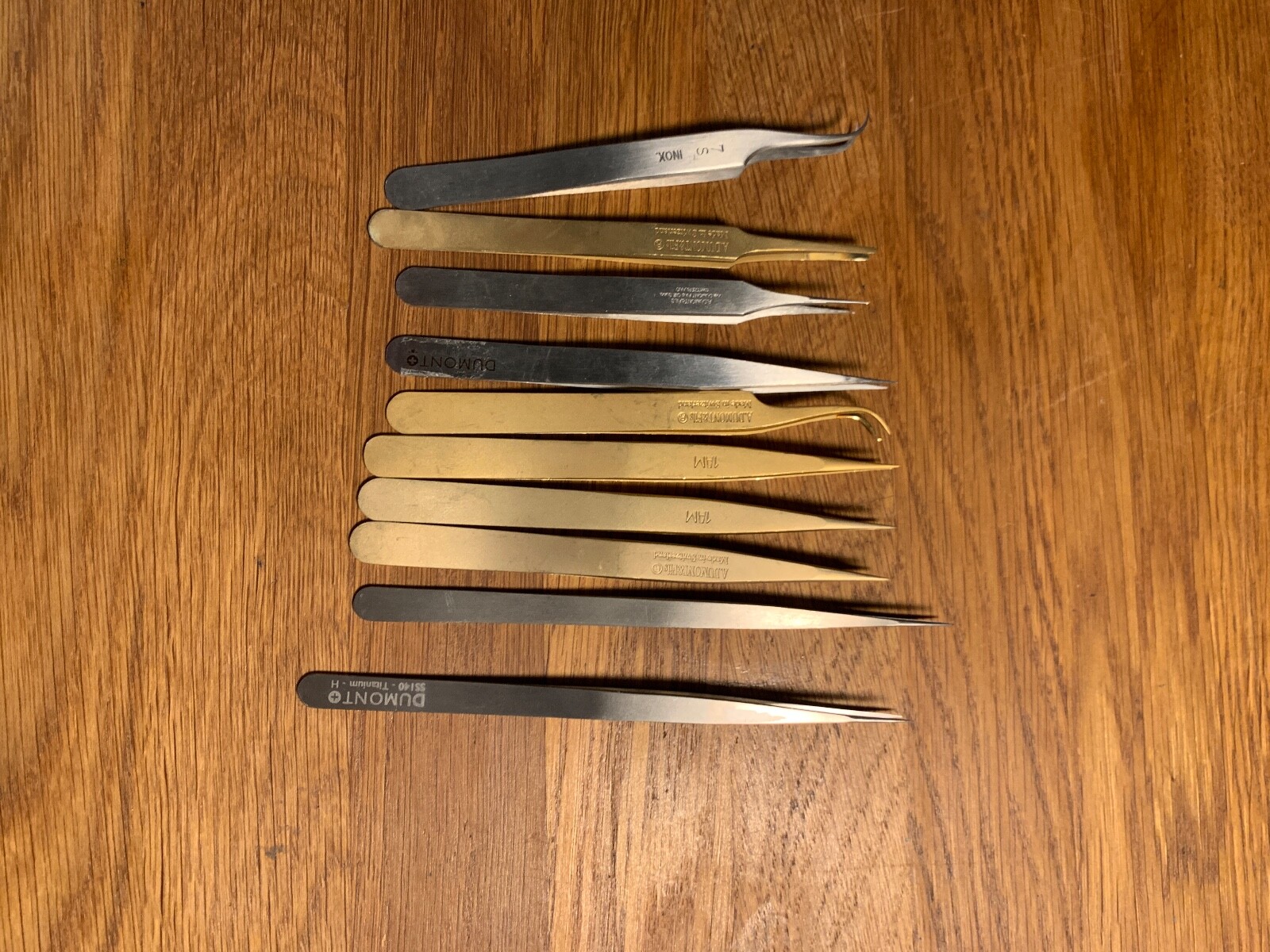 Dumont, Bergeon tweezers 10pce brass, steel, Titan,4,1,7S,WA15H, Ti,