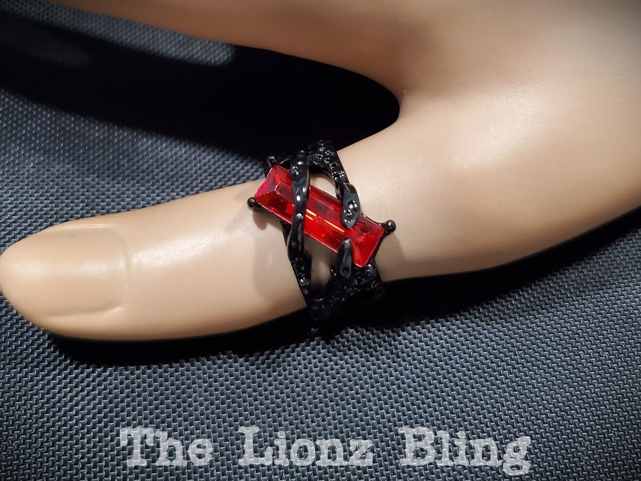 Goth Vampire Sexy style Black Cuff Ring w/ Blood Red Solitaire – Adjustable Sz 7