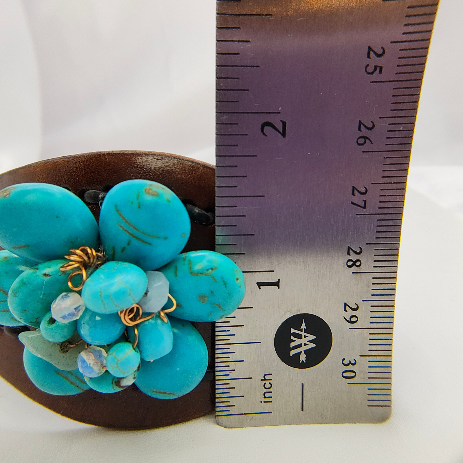 Leather Faux Turquoise Flower Cuff Bracelet Bohemian Ecclectic Statement