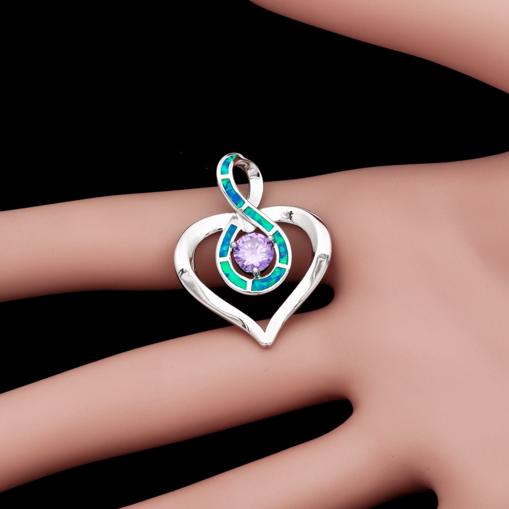Heart Round Simulated Amethyst Blue Fire Opal Silver Jewelry Necklace Pendant