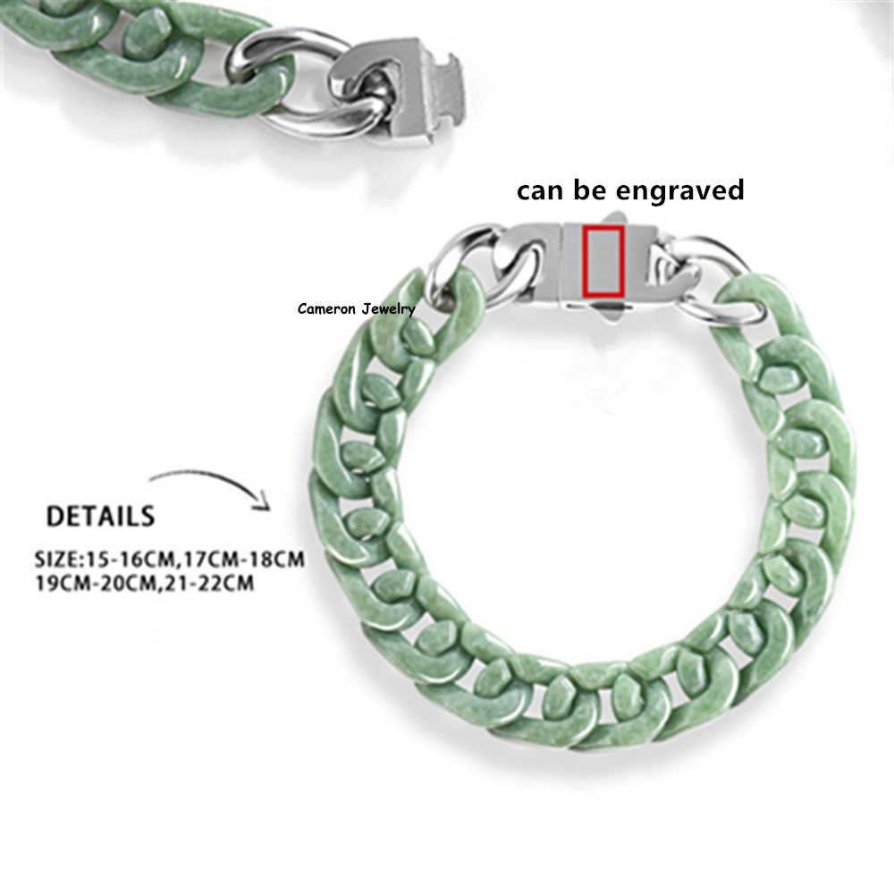Natural Real Grade A Green Jadeite Jade 4mm Cuban Curb Link Bracelet 7.5-7.9inch