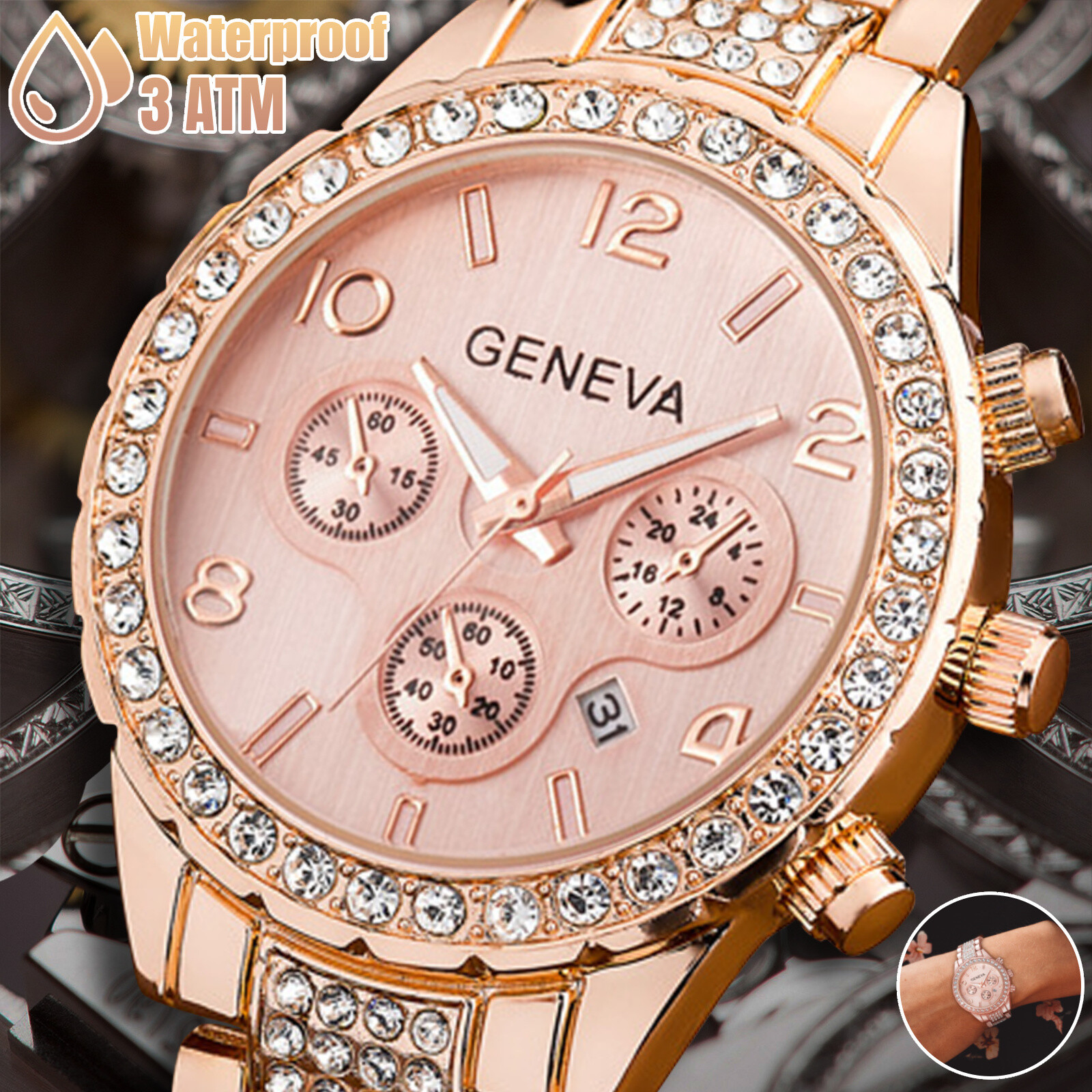 Waterproof Women Luxury Classic Stainless Steel Crystal Quartz Round Wrist Watch