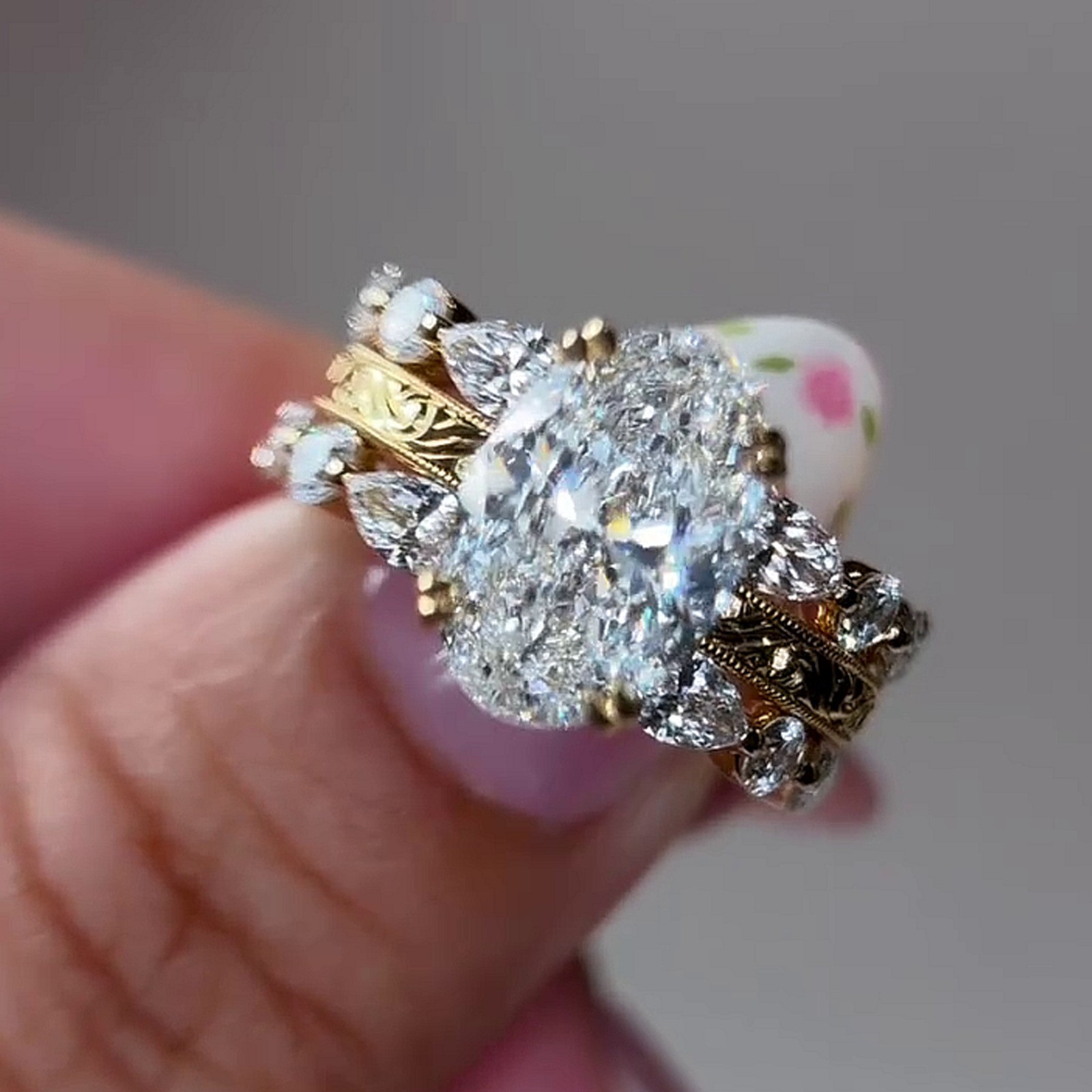 5.29CTW Oval Cut Moissanite Enhance Set Engagement Ring 14K Yellow Gold Plated