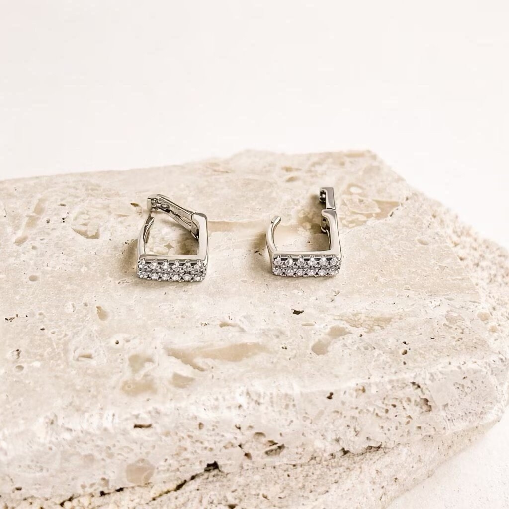 925 Sterling Silver Square Huggie Hoop Earrings 8mm Small CZ Hoop Earrings 133