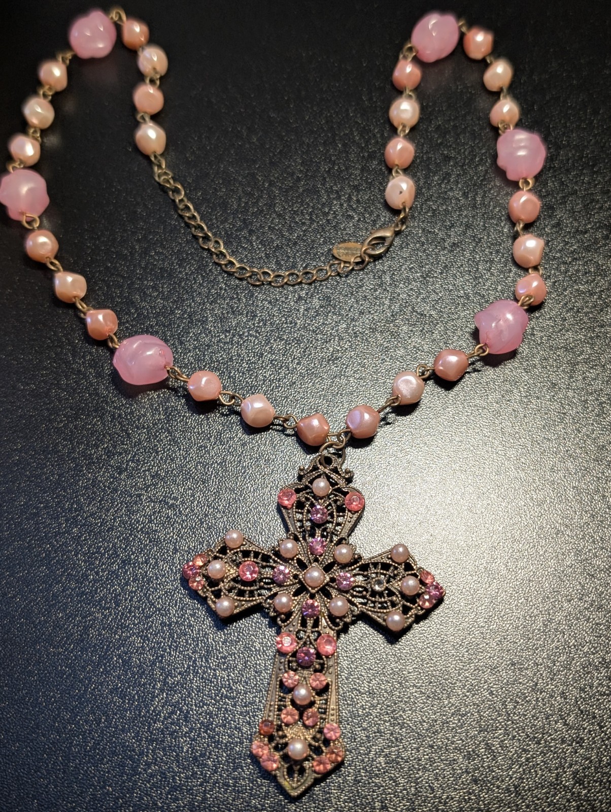 Bijoux Terner Pink Pearl Bead Cross Pendant Necklace Rhinestone Antique Bronze