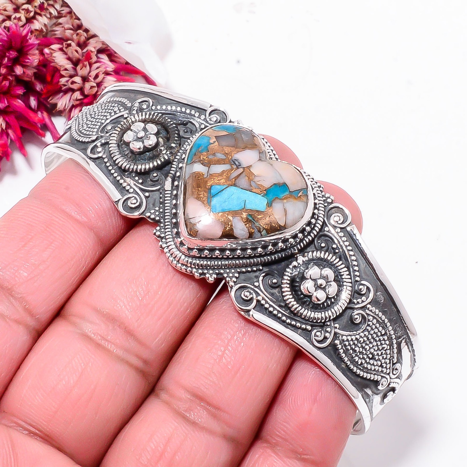 Copper Pink Opal Kingman Blue Turquoise 925 Sterling Silver Bali Cuff|C968458444