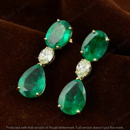 4.50 Ct Oval Pear Shape Simulated Emerald Dangle Earrings 14K Yellow Gold Plated