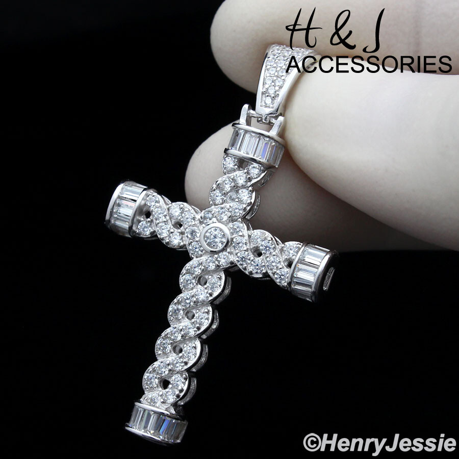 MEN SOLID 925 STERLING SILVER ICY BLING BAGUETTE CZ CROSS CHARM PENDANT*ASP241