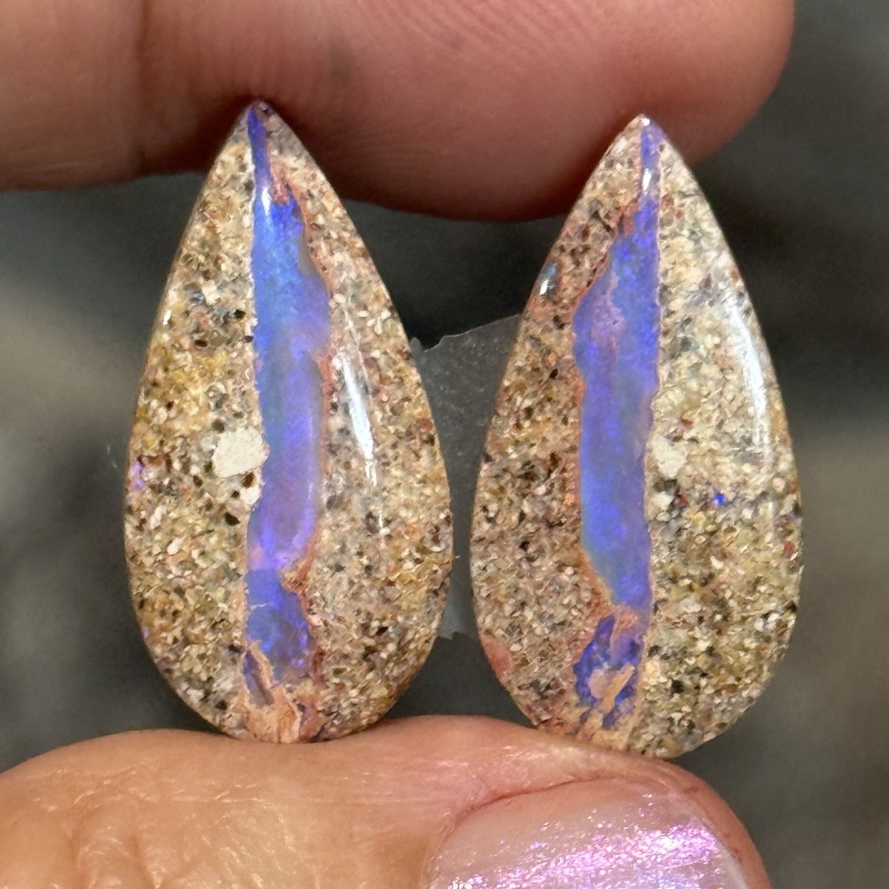 15.9ct 23.9×12.4×4.6mm Pair Purple Crystal Pipe Australian Boulder Opal Cabochon