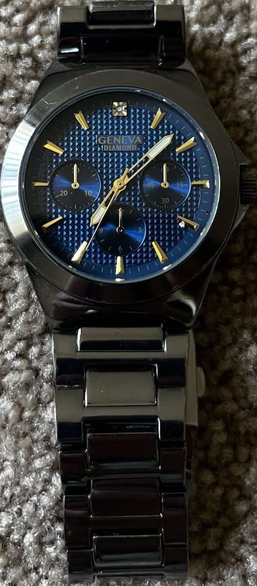 Geneva Men’s Silver Metal Wristwatch Blue Grid Dial Stick Indexes Analog