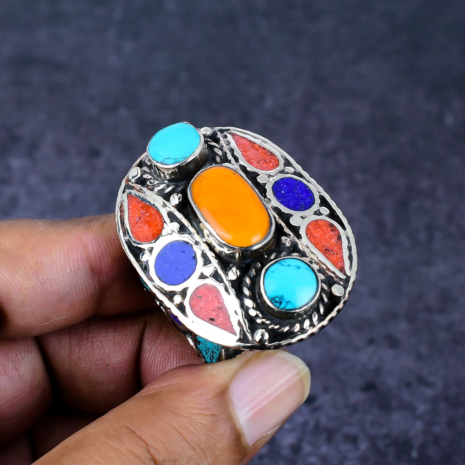 Turquoise & Coral Gemstone Handmade 925 Sterling Silver Nepali Ring Jewelry