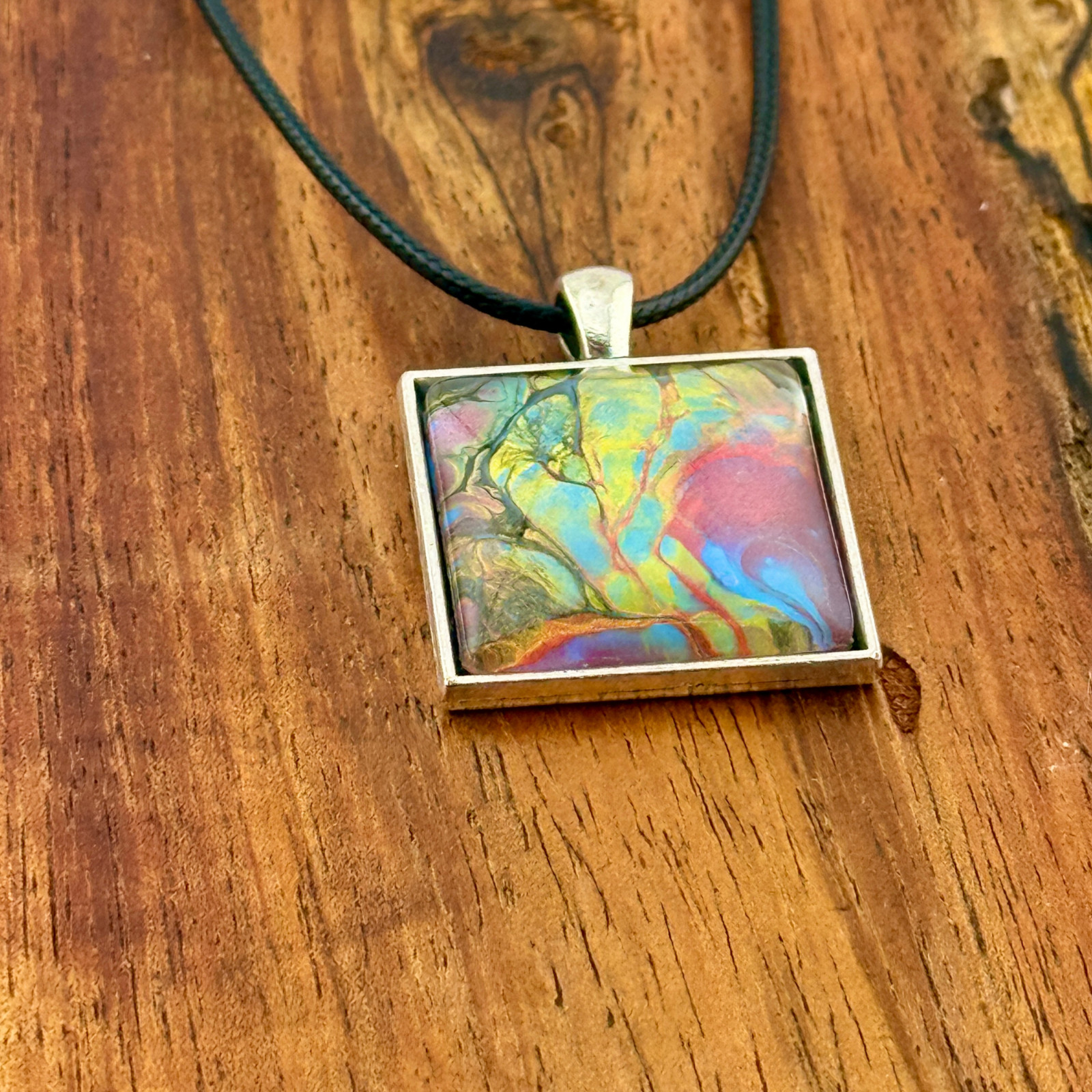 Pendant Square Necklace Handcrafted “Abstract Art” Silver Bezel Black Cord