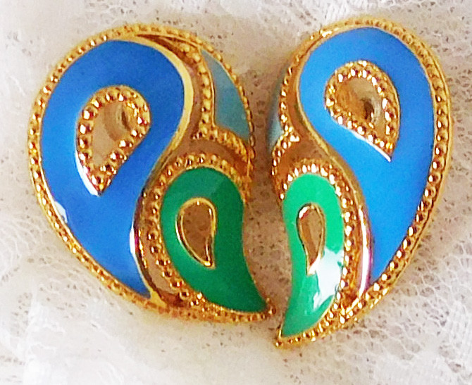 Blue Green Gold Enameled Post Type Pierced Earrings 1 1/2″ x 1″ Classic