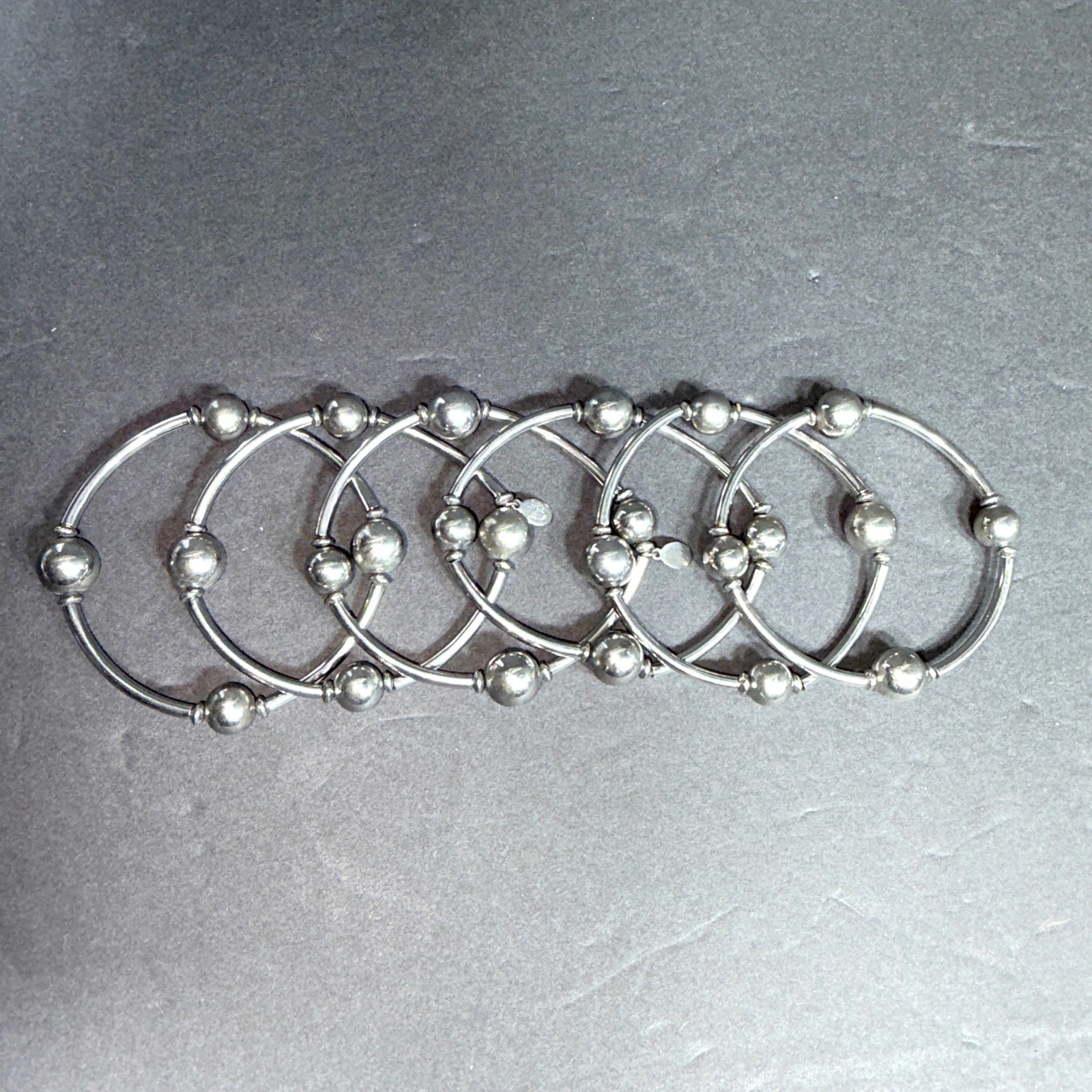 Cookie Lee Silver Tone Bead and Bar Stretch Bracelets Set of 6 Stackable