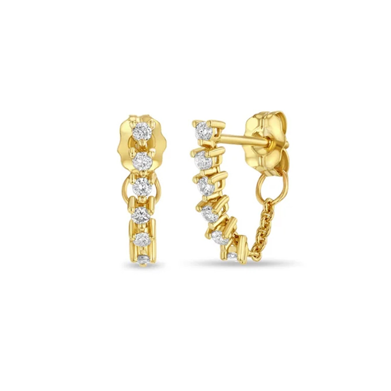 Real Diamond Curved Bar Huggie Stud Earrings Chain Back 14K Solid Gold Hoops