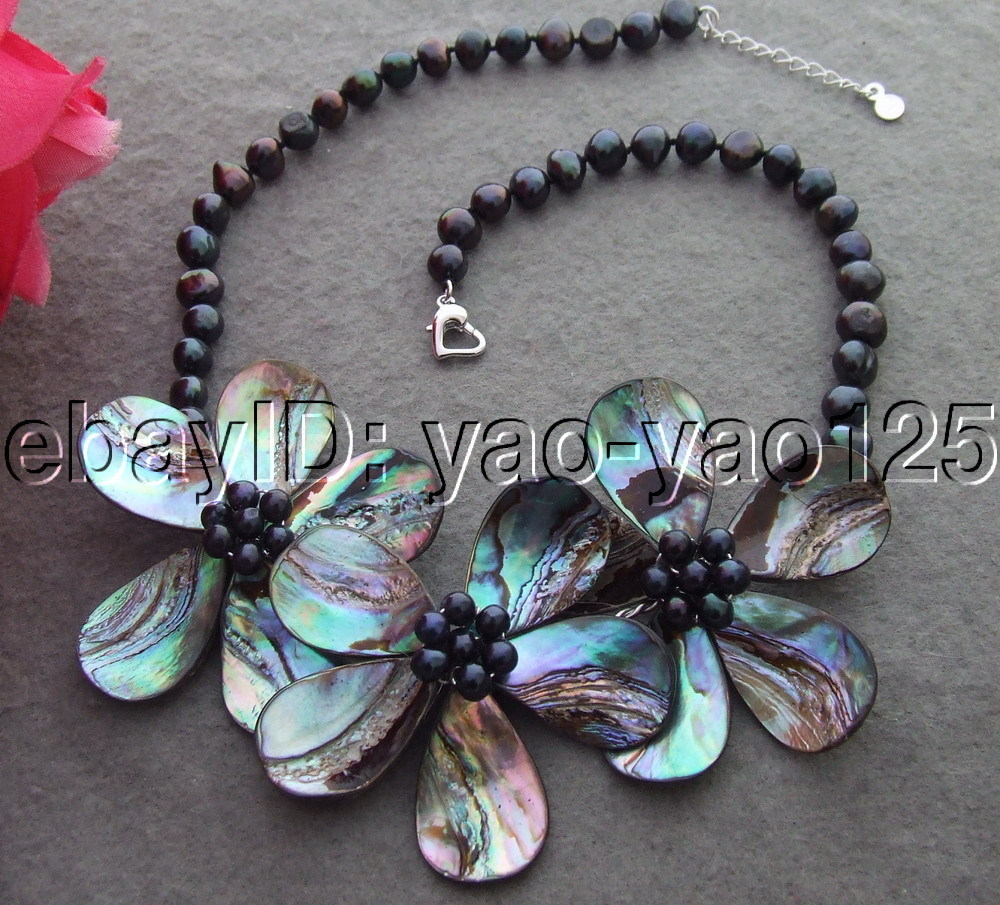 Black pearl Abalone Shell Necklace handmade Statement necklace 18″