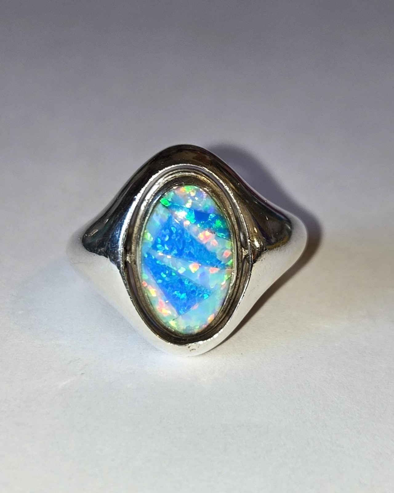 Vintage Native American Sterling Silver Two Sided Reversible Opal Inlay Ring 7