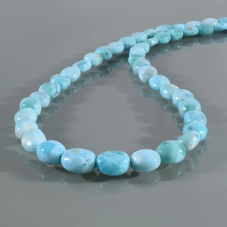 Natural Blue Larimar 4X6mm Beaded Necklace 925 Sterling Silver Handmade 18″ Gift