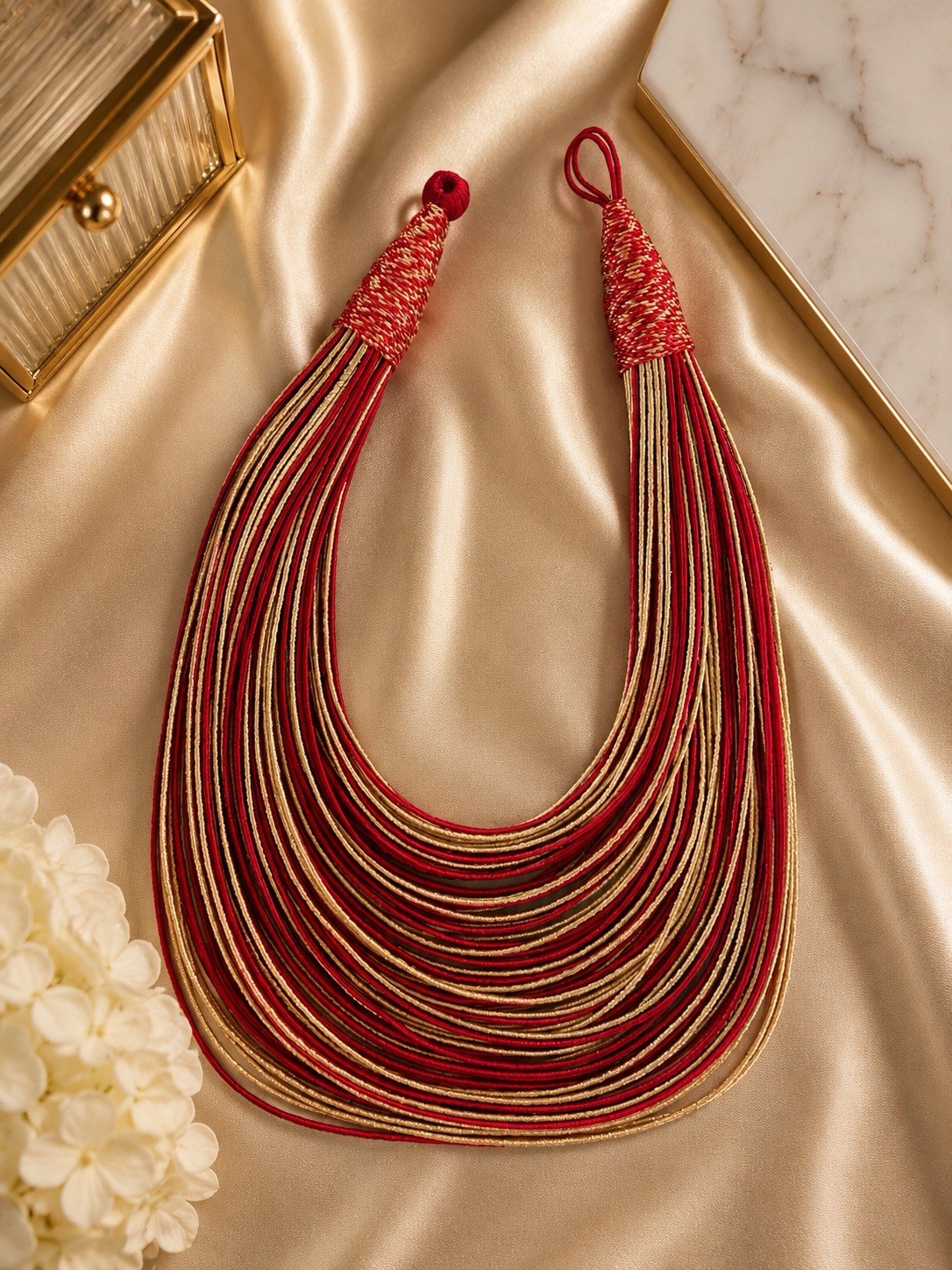 Red Gold India Silk Multi Strand Statement Bohemian Luxe Bib Festival Necklace