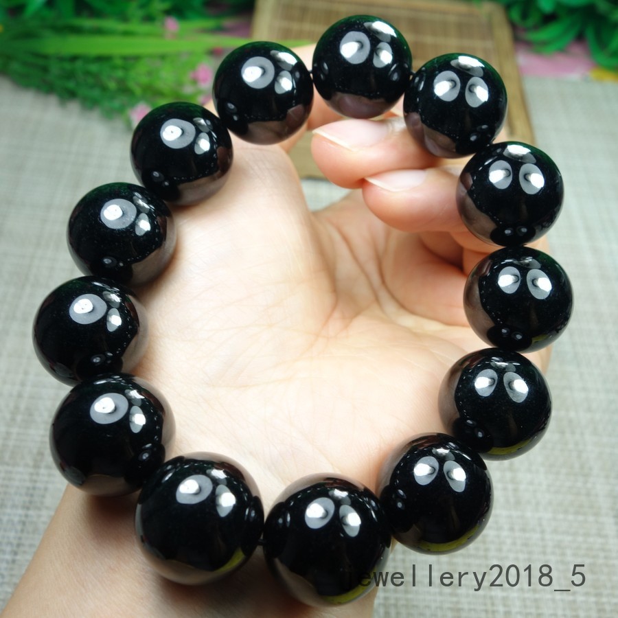 Certified Black Green Burma 100% natural A jadeite jade Bead Bracelets墨翠18mm圆珠手链